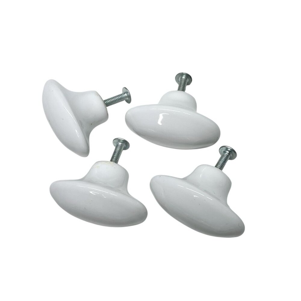 Vintage Set Of 4 White Porcelain Oval Drawer Knobs Cabinet Pulls 1-3/4" W